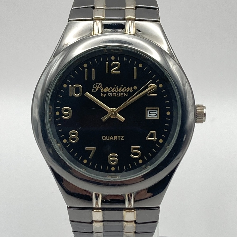 Gruen Precision Men's Watch 39mm Black Two Tone Stretch Band Date New Battery
